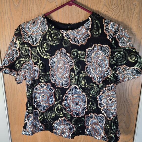 Endless Rose Black Sequin Floral Party Top Small - Picture 3 of 13